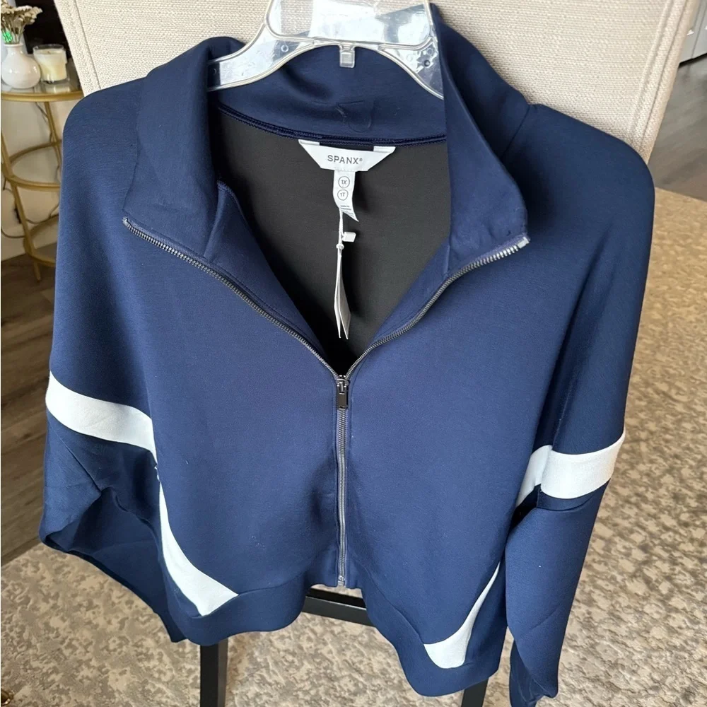 NWT SPANX AirEssentials® Pique Full Zip Plus Size Track Jacket, Navy, 1X